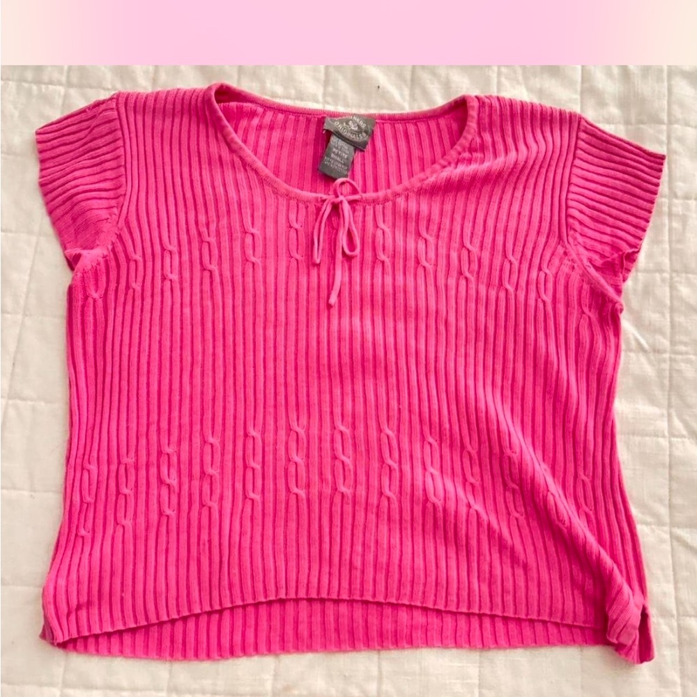 Hot Pink Ribbed Knit Tee | 90s Notations Cap Sleeve Top